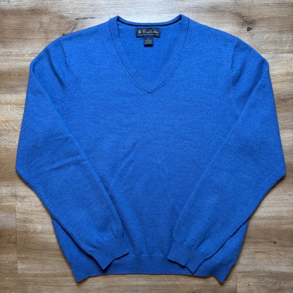 Brooks Brothers Sweater Mens Medium Blue Merino Wool V-Neck Long Sleeve Knit
